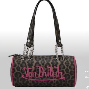 Von Dutch Leopard Print Barrel Bag with Pink Trim
